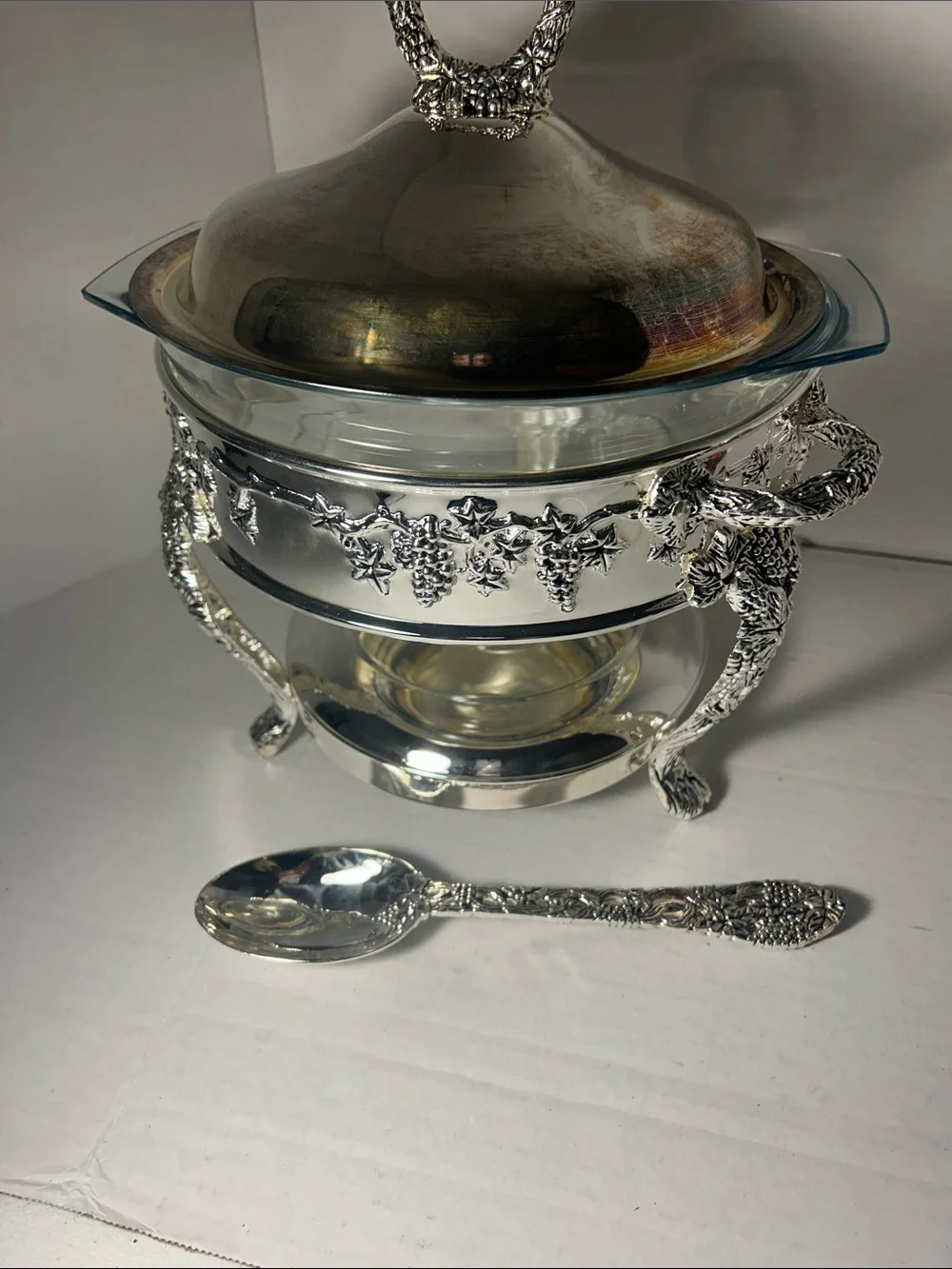 Silver Floral-Accent Glass Chafing Dish with Lid and Spoon